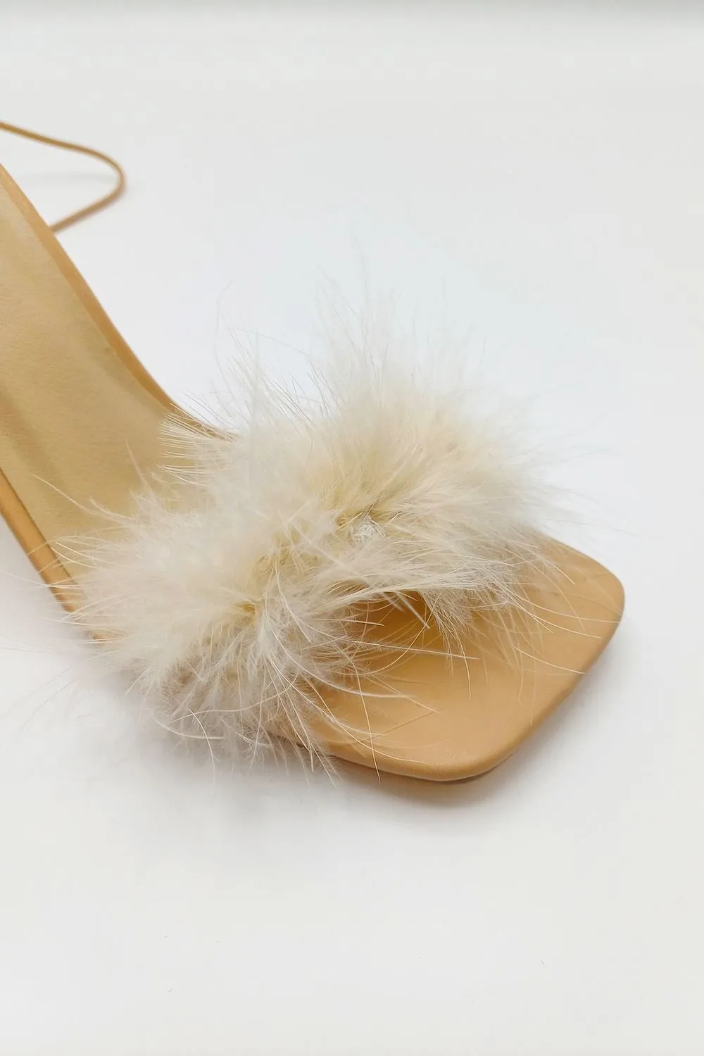 Delilah Feather Band Lace Up Heels in Nude