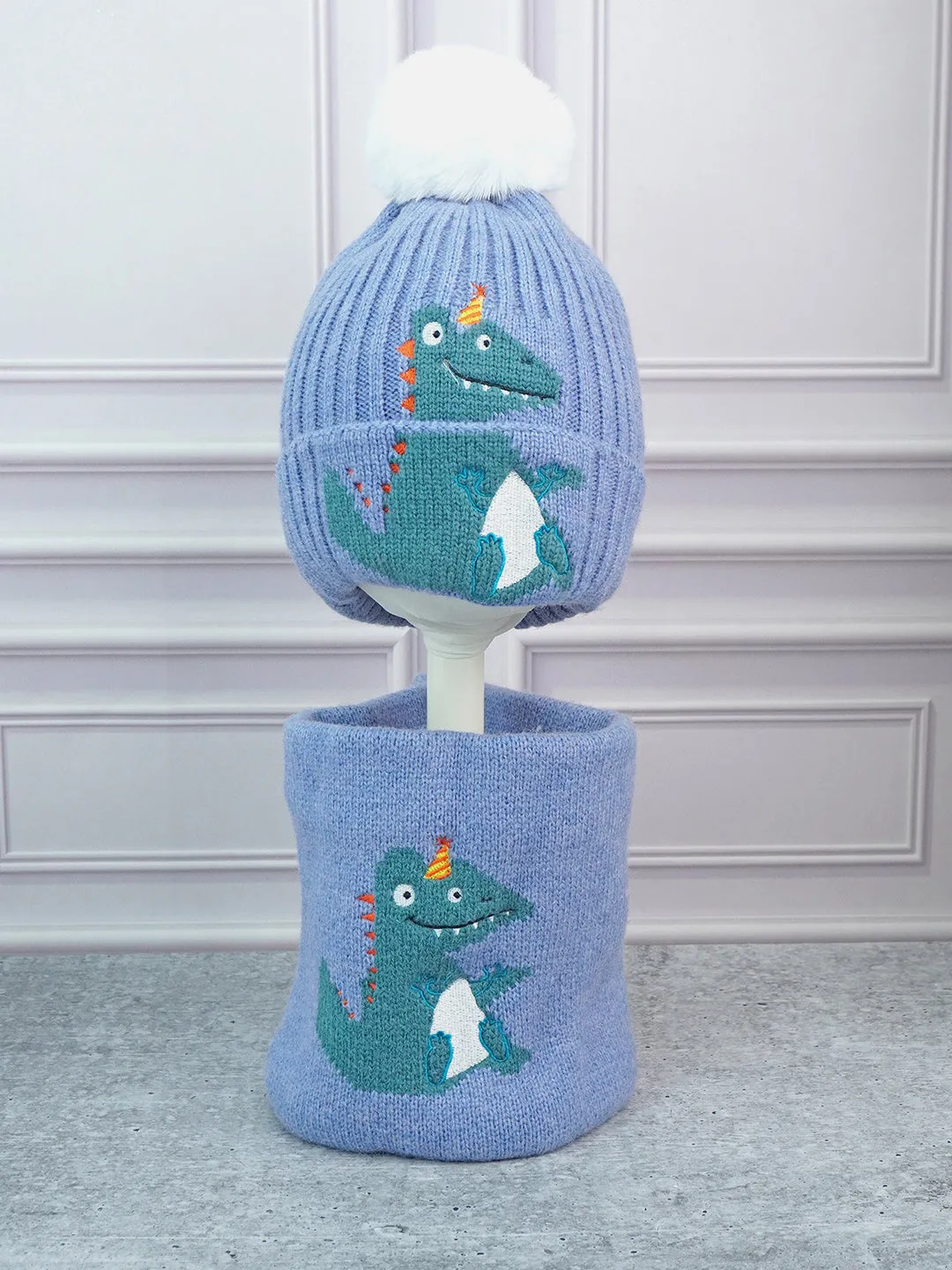 Little Surprise Box 2Pcs Party Dino Themed Beanie Winter Cap Neck Muffler For Kids