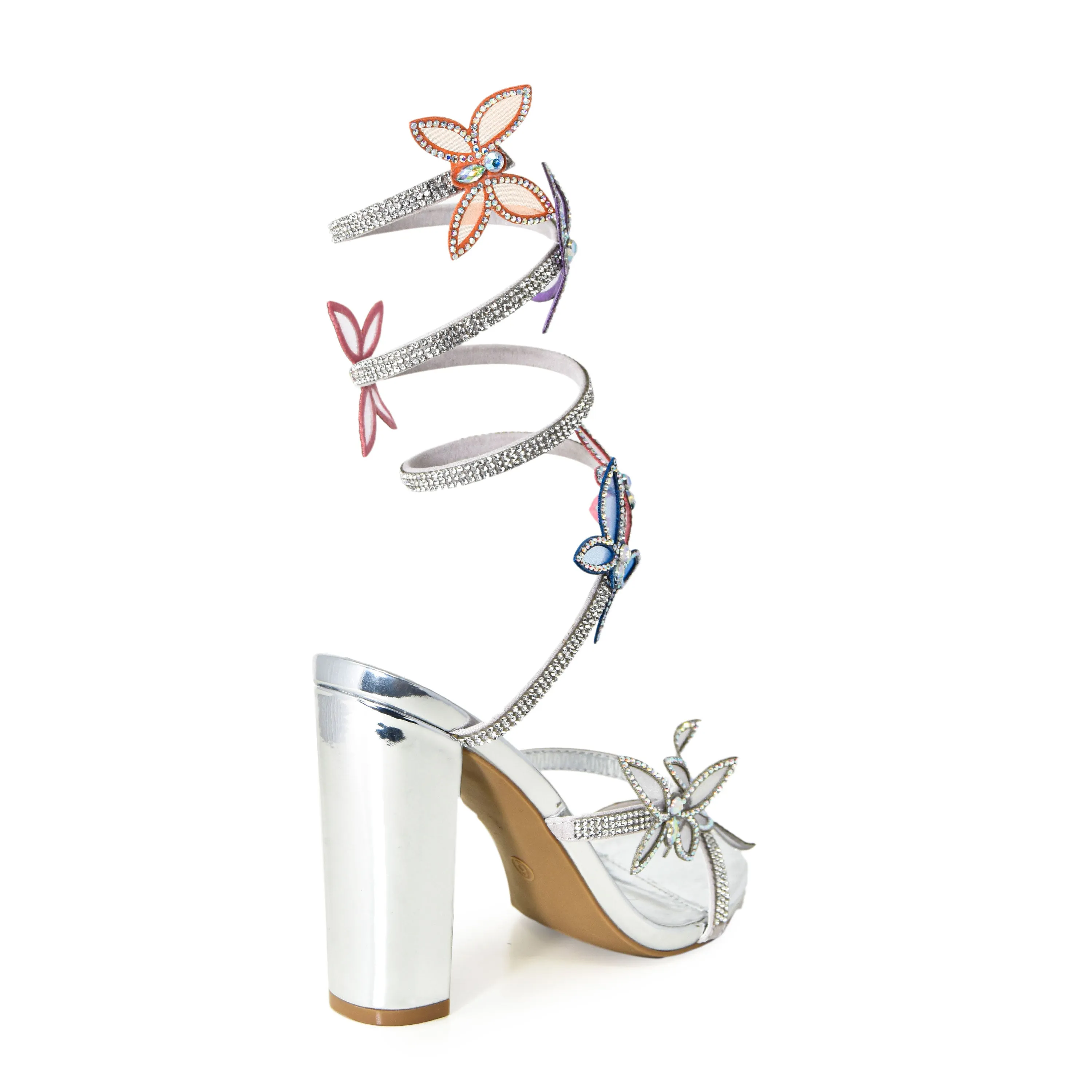 MORRIS-581A Rainbow Embellished Rhinestone Butterfly Spiral Coil Wrap Around Block Heels