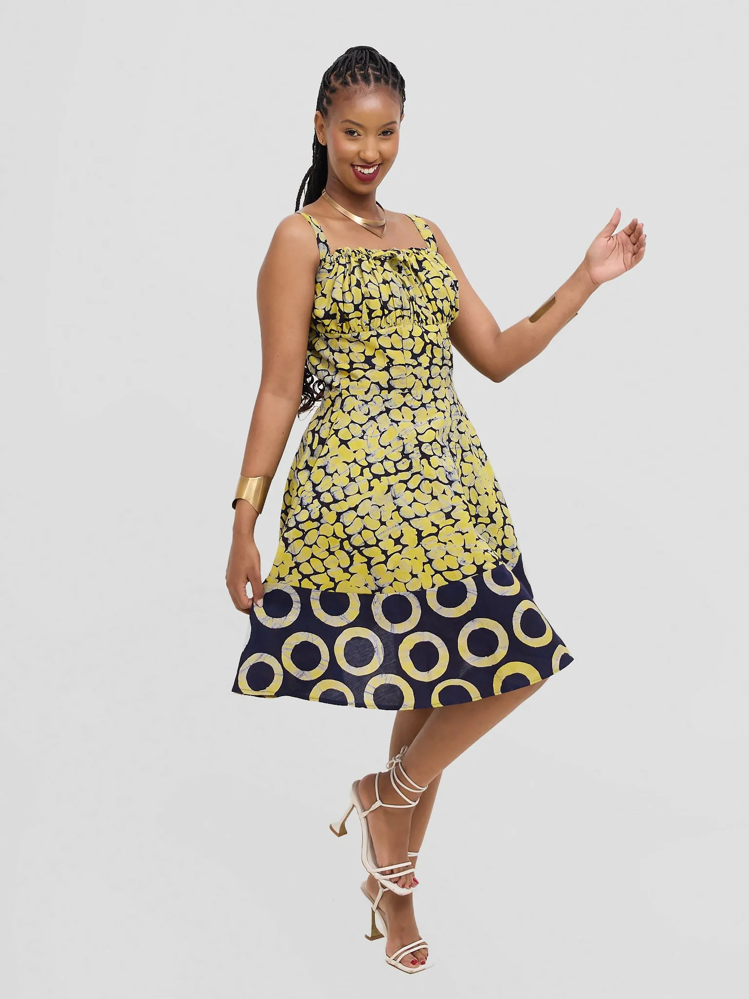 The Fashion Frenzy Printed Nuru Corset Skater Dress - Yellow